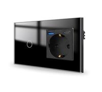 JIMEIDA Touch Light Switch with Socket, 20 W, Quick Charge, Black with USB Ports (USB A and Type C), Single 1 Way, Glass Panel and Status LED Wall Switch, No Neutral Conductor Required, 157 x 86 mm