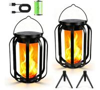 Jimhaby 2 Pack Solar Flame Lanterns Outdoor, Hanging Standing Dual Use, Solar USB Rechargeable, IP65 Waterproof, Garden Camping Festival Lights, Solar Patio Lanterns