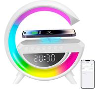Jimhaby Alarm Clock with Wireless Charging,G Shape Induction Bedside Lamp, 15W Bluetooth Speaker with Ambient Lighting Synced to Music,LED Table Lamps, for Bedroom/Camping/Living Room Decor