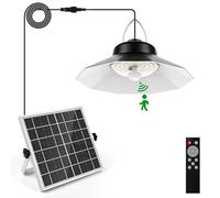 Jimhaby Shed Light 98LEDs Solar Pendant Light Daytime-On with Motion Sensor Solar Shed Lights Indoor with Switch, 3 Colour Dimming, 5 Modes,Remote, IP65 Waterproof, for Gazebo Patio Greenhouse