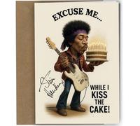 Jimi Hendrix Autograph Birthday Card Funny Reproduction Signed "Excuse Me While I Kiss the Cake!" Music Fan Greeting Cartoon Guitar Design Rock Legend with Vintage Envelope No2002