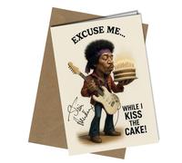 Jimi Hendrix Autograph Birthday Card - Reproduction Inspired “Excuse Me While I Kiss the Cake!” - Funny Music Fan Greeting Card - Cartoon Design - Rock Legend Birthday Card with Brown Envelope No2002
