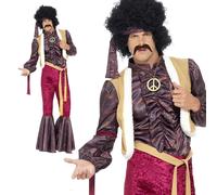Jimi Hendrix Costume Adult 70s Psychedelic Rocker Fancy Dress Jimmy Outfit M-XL