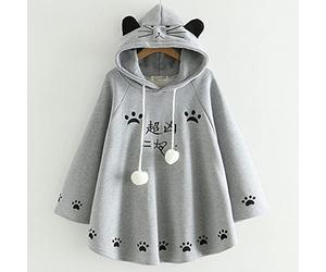 JIMINISO Fashion Kawaii Cat Ear Hooded Poncho Women Japanese Cute Paws Casual Pullover Harajuku Cloak Fleece Loose Hooded Cape Coat