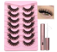JIMIRE Cat Eye Lashes with Eyelash Glue Russian Strip D Curl Lashes Wispy 6D Volume False Eyelashes with Lash Glue Thick Crossed Soft Fake Eyelashes Fluffy 7 Pairs Pack