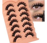 JIMIRE Natural False Eyelashes Fluffy D Curl Russian Strip Lashes Mink Fake Lashes 15MM Cat Eye Lashes Natural Look 7 Pairs Pack