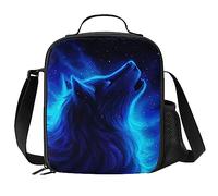 JIMOWANG Blue Wolf Insulated Lunch Bag with Shoulder Strap and Bottle Holder Portable Thermal Lunch Container Bag for School Travel Picnic