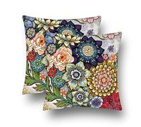 JIMOWANG Boho Floral Throw Pillow Covers Set of 2 Colourful Bohemian Flower Decorative Cushions Pillowcase 18 x 18 Inch for Bedroom Sofa Home Decor