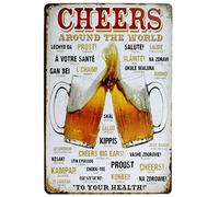 JIMOWANG Cheers Around The World Drinking Distressed Vintage Metal Signs for Cafes Bars Pubs Shop Wall Decorative Funny Retro Signs 8 x 12 Inch