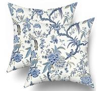 JIMOWANG Chinoiserie Pillow Covers Set of 2 Blue and White Outdoor Pillows Bule Birds Flowers Throw 18 x 18 Inch Cotton Square Cushion Cover Decor for Bedroom Couch