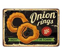 JIMOWANG Onion Rings Metal Sign Restaurant Fast Delicious Food Best In Town Black Vintage Metal Signs for Cafes Bars Pubs Shop Wall Decorative Funny Retro Signs 8 x 12 Inches