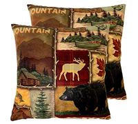 JIMOWANG Rustic Lodge Bear Moose Deer Throw Pillow Cover Set of 2 Square 18 x 18 Inch Pillow Case Cushion Cover for Home Sofa Couch Living Room Car Decor