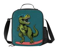 JIMOWANG Skateboarding Dinosaur Insulated Lunch Bag with Shoulder Strap and Bottle Holder Portable Thermal Lunch Container Bag for School Travel Picnic