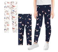 JinBei 2-Pack Girls Leggings Cotton Long Trousers Elastic Breathable Soft Sports Casual Leggings with Embroidery Horse Pattern Kids Pants Activewear, 6-7 Years,White and Dark Blue