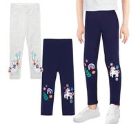 JinBei 2-Pack Girls Leggings Cotton Long Trousers Elastic Breathable Soft Sports Casual Leggings with Embroidery Horse Pattern Kids Pants Activewear, 2-3 Years,Grey and Dark Blue