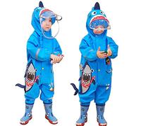 JinBei Boys Puddle Suits Kids All in One Waterproof Rainwear Hooded Blue Rainsuit Breathable Easy to Dry Transparent Hat Reflective Stripes Cute 3D Cartoon Shark Raincoats 2-4 Years