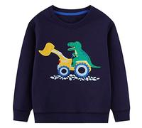 JinBei Boys Pullover Sweatshirts Kids Jumper Casual Top Cotton Long Sleeve Children Cute Dinosaur Car Printed Navy Blue T-Shirt Crew Neck School Embroidered Tee Clothes Age 3-4 Years