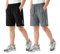JinBei Boys Shorts Quick Dry 2 Pack Lightweight School Short with Zipper Pockets and Drawstring Waist PE Shorts Reflective Strips for Football Cycling Running Black Grey, 12-13 Years