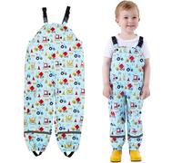 JinBei Boys Waterproof Trousers Kids Rain Dungarees Windproof Mud Jumpsuit Blue Car Pattern Adjustable Strap Lightweight with Reflective Strip Pocket Rain Overalls Pants Age 6-7 Years