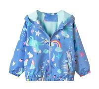 JinBei Coat Kids Hooded Jacket Windbreaker Zip Long Sleeve Cloak Windproof Jackets Soft Light Thin Outwear Jacket for Baby Girls Toddler Age 2-3 Years, Blue Horse Rainbow Print