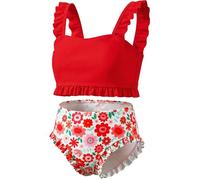 JinBei Girls Bikini Sets, 2 Piece Swimming Costume Ruffle Trim Swimsuit Kids Bathing Suits Removable Padding Vest Floral Print Teen Swimwear Tops Bottoms Red for Beach Pool, 11-12 Years