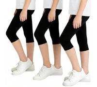 JinBei Girls Capri Leggings 3 Pack Cotton Stretchy 3/4 Length Trousers Summer Breathable Comfortable Pants Kids Elastic Waistband Black Legging for Dance Gymnastics Cycling, 7-8 Years