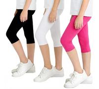 JinBei Girls Capri Leggings 3 Pack Cotton Stretchy 3/4 Length Trousers Summer Breathable Comfy Pants Kids Elastic Waistband Legging Rose Black White for School Cycling Casual, 10-11 Years