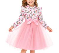 JinBei Girls Dresses Long Sleeve Dress Collared Button Front, 2-7 Years | Tulle Dress, Shoulder Chest Ruffle, Bow-Ribbon, Printed Patterns, Kids Toddler for Party, Casual, Wedding, Spring, Autumn