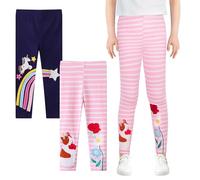 JinBei Girls Leggings 2-Pack Cotton Long Trousers Elastic Breathable Sports Leggings with Cute Embroidery Animal Rainbow Pattern Kids Pants Activewear, 3-4 Years,Pink and Light Blue