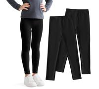 JinBei Girls Leggings Kids Full Length Cotton Solid Soft Trousers with Elastic Waistband Breathable Stretch Tights Pants Children Black Legging 2 Pack Casual for Dance Sports, 5-6 Years