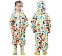 JinBei Girls Raincoat Kids Puddle Suits Hooded Rainwear Lightweight Boys Yellow Onesie Waterproof Rainsuit Animals Dinosaur Pattern Portable Breathable PVC Transparent Hat Brim Zipper 3-5 Years