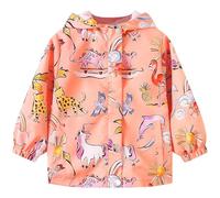 JinBei Girls Waterproof Jacket Kids Pink Animal Pattern Rain Coat Lightweight Outdoor Windproof Coat Warm Raincoat with Hood Soft Lining Long Sleeve Zipper Outwear Age 2-3 Years