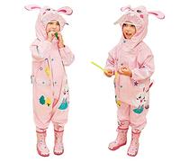 JinBei Girls Waterproof Suit Kids Puddle Suits All in One Hooded Rainsuit Breathable Easy to Dry Raincoats Transparent Hat Reflective Stripes Cute 3D Pink Cartoon Rabbit Rainwear 2-4 Years