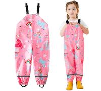 JinBei Girls Waterproof Trousers Kids Rain Dungarees Windproof Mud Jumpsuit Pink Cute Pattern Adjustable Strap Lightweight with Reflective Strip Pocket Rain Overalls Pants Age 6-7 Years