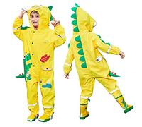 JinBei Kids Puddle Suits Raincoats Boys Waterproof Rainwear Hooded Cute 3D Yellow Dinosaur Pattern Rainsuits One Piece Breathable Poncho Transparent Hat Reflective Stripes 2-4 Years