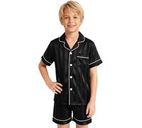 JinBei Kids Satin Pyjamas Set Girls Boys Short Sleeve Shorts Summer Pjs 2Pcs Button-Down Soft Breathable Lightweight Sleepwear Nightwear Loungewear Teens Black Stripe for Age 13 Years