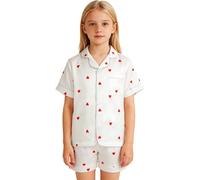 JinBei Kids Satin Pyjamas Set Girls Short Sleeve Shorts Summer Pjs 2Pcs Button-Down Soft Breathable Lightweight Sleepwear Nightwear Loungewear Teens White Heart Print for Age 8-9 Years