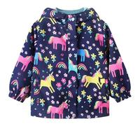 JinBei Kids Waterproof Jacket Girls Boys Rainbow Horse Rain Coat Lightweight Navy Outdoor Windproof Coat Warm Raincoat with Hood Soft Lining Long Sleeve Zipper Outwear Age 3-4 Years