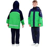JinBei Kids Waterproof Suit Lightweight Hooded Raincoat Jacket and Trousers Set with Zip Rainwear Boys Breathable 2 Piece Set with Portable Storage Bag for School Camping, 13-14 Years