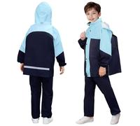 JinBei Kids Waterproof Suit Lightweight Trousers and Jacket Set Hooded Raincoat with Zip Breathable Rainwear Boys 2 Piece Set with Portable Storage Bag for School Camping, 8-9 Years