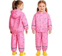 JinBei Kids Waterproof Trousers and Jacket Lightweight Girls Raincoat Hooded Breathable Rainwear with Reflective Stripes 2 Piece Set Cartoon Animal Prints Pink for Children 3-4 Years