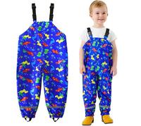 JinBei Kids Waterproof Trousers Boys Girls Rain Dungarees Windproof Mud Jumpsuit Blue Dinosaur Adjustable Strap Lightweight with Reflective Strip Pocket Rain Overalls Pants Age 6-7 Years