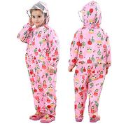 JinBei Puddle Suits Baby Girls Raincoat Hooded Rainwear Lightweight Pink Floral One Piece Waterproof Rainsuit Colorful Pattern Portable Breathable PVC Transparent Hat Brim Zipper Kids 1-3 Years