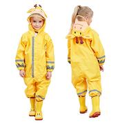 JinBei Rainsuit Girls Puddle Suit All in One Waterproof Raincoat Kids Hooded Lightweight Yellow Elk Reindeer Poncho Rainwear Muddy Portable Breathable PVC Transparent Hat Brim Zipper 7-10 Years