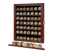 Jinchuan Military Challenge Coin Display Case Lockable Cabinet Rack Holder Shadow Box with Removable 2 Grooves Shelves and Anti Dust Door for Casino Poker Chips Collectibles, Large - Mahogany