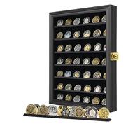 Jinchuan Military Challenge Coin Display Case Lockable Cabinet Rack Holder Shadow Box with Removable 2 Grooves Shelves and Anti Fade Acrylic Glass for Casino Poker Chips Collectibles (Large-Black)