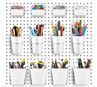 Jinei 12 Pcs Pegboard Bins and Cups with Hooks and Loops Peg Assortment Organizer Accessories Various Tool Organizer Pegboard Basket Set for Garage Workshop Workbench Office(White)