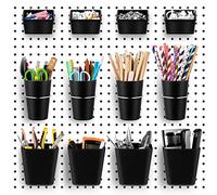Jinei 12 Pcs Pegboard Bins and Cups with Hooks and Loops Peg Assortment Organizer Accessories Various Tool Organizer Pegboard Basket Set for Garage Workshop Workbench Office(Black)