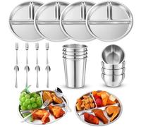 Jinei 20 Pcs Stainless Steel Dishes Set 4 Stainless Steel Plates, 4 Bowls, 4 Cups, 4 Spoons, 4 Forks, Dishwasher Safe, Durable Dining Set for Home Travel Camping (Tableware)