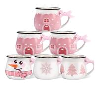 Jinei Set of 6 Christmas Coffee Mugs Gift, 12 oz Hot Cocoa Ceramic Cup for Holiday Milk Tea Mugs Coffee Bar Decoration Christmas Gift for Mom Woman Family Friend(Pink,Snow House)